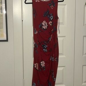Women's Floral Ruched Sleeveless Dress - Burgundy